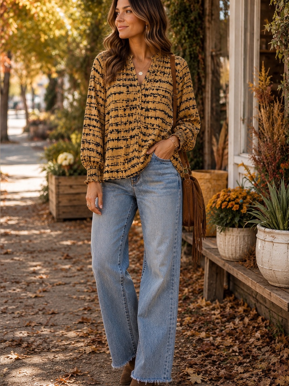 Maeve Mustard Black Printed V-Neck Blouse